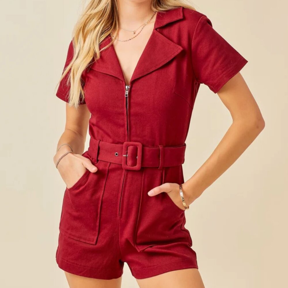 Maroon Belted Denim Romper